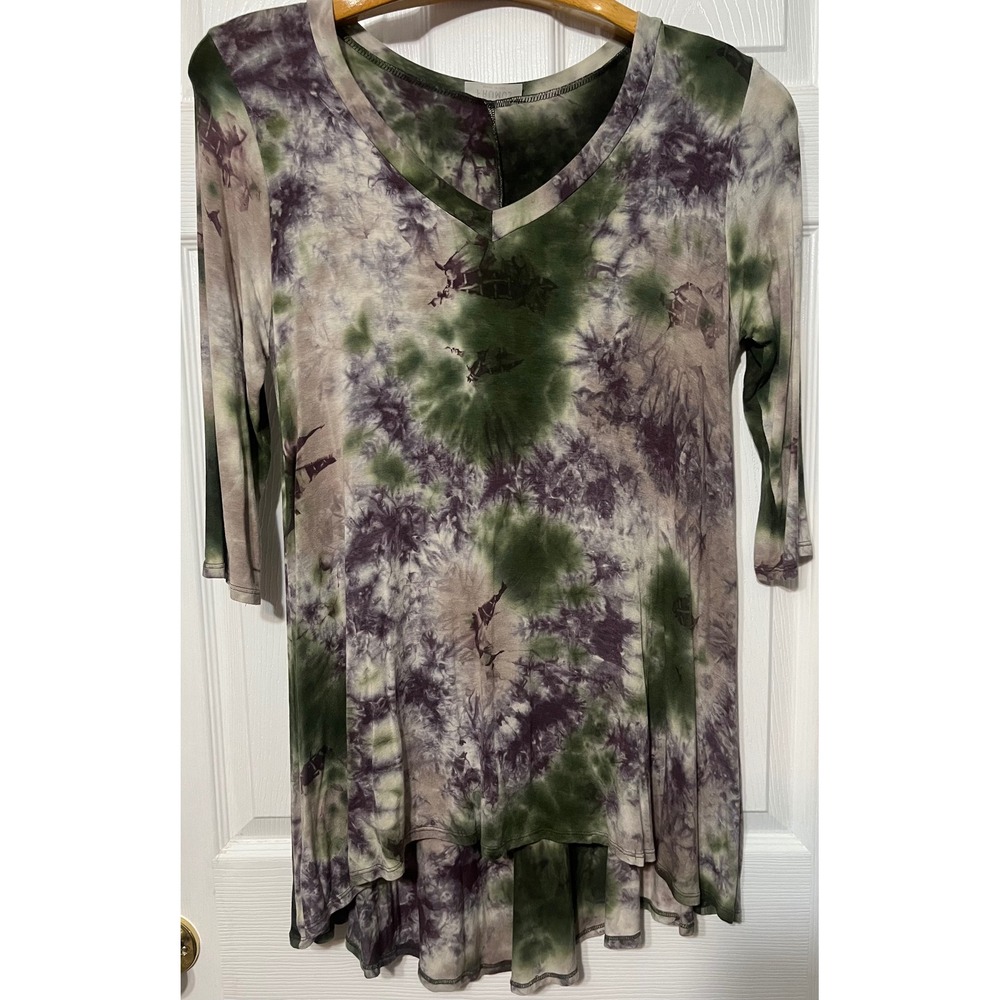 FRUMOS‎ Women's Tie Dye V Neck High Low Tunic Top L made in USA